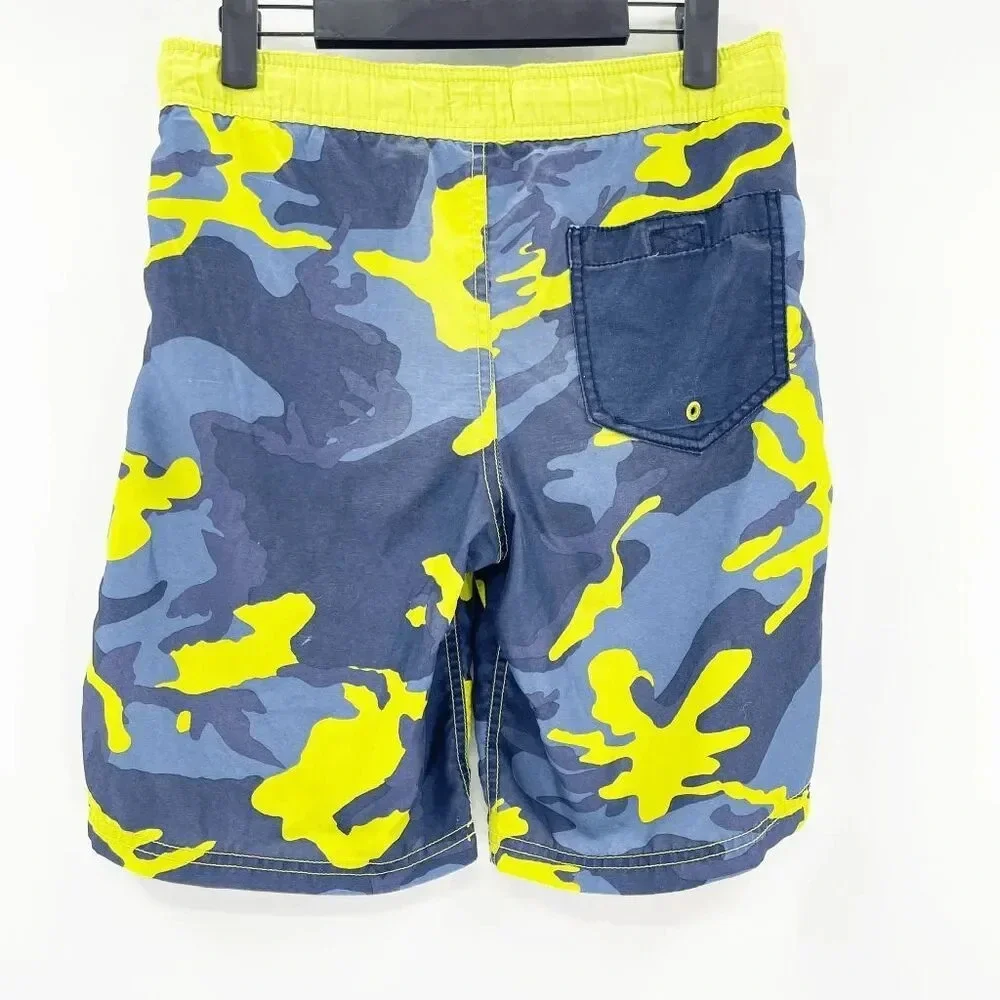 Old Navy Kids Boy's Board Shorts Size L Blue Neon‎ Green Swim Drawstring Camo